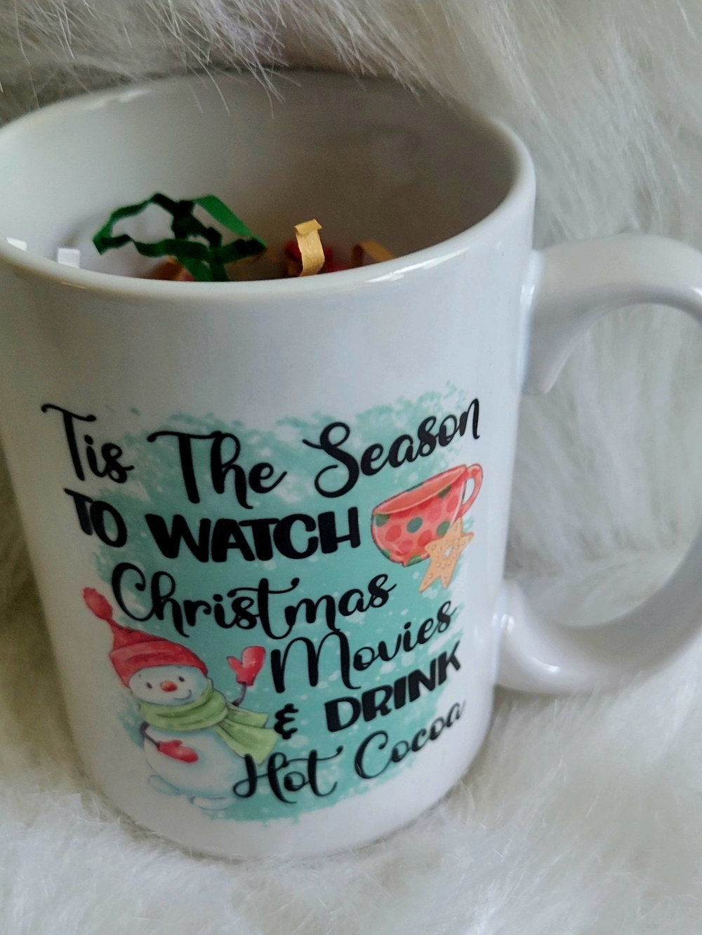 Holiday Cocoa Ceramic Mug - White with Teal and Red Design
